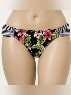 Hot Water Brand Tropical Print Bikini Bottom with Stripes / Pink & Lime Floral